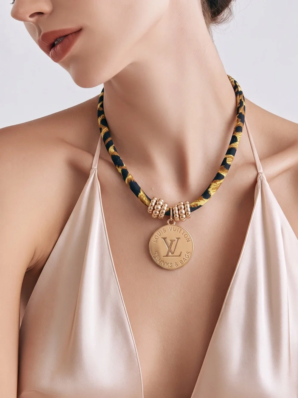 Brown and Gold Cord Choker with Gold Medallion